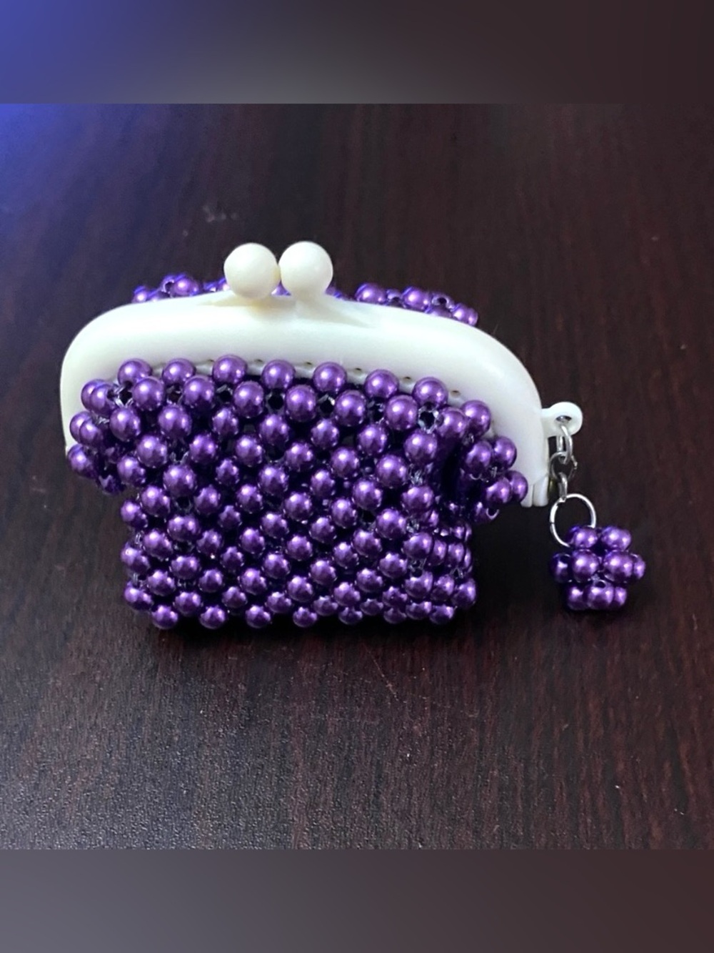 Handmade purple Beaded Coin purse with cream frame